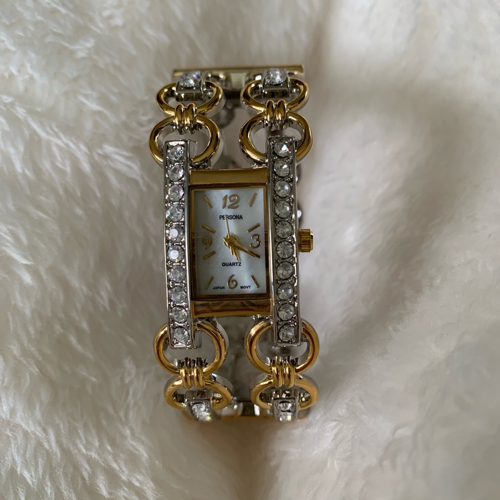 NEW PERSONA LADIES WATCH TWO TONE CUFF BANGLE Mother Of Pearl Face